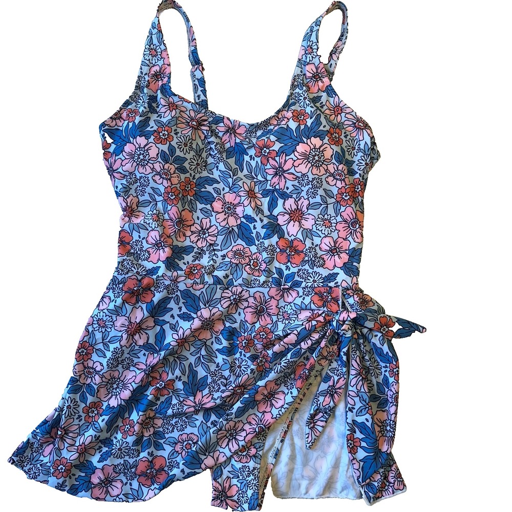 Eivelino Floral One Piece Swimsuit Tummy Control Attached Skirt Large XL